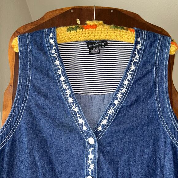 Vintage 90s Carole Little Vest Women Blue Denim embroidered Western Top 16W - Picture 2 of 9